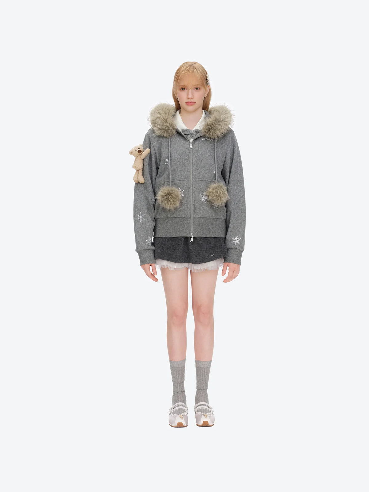13DE MARZO Shimmer Snow Bear Zip Hoodie Grey