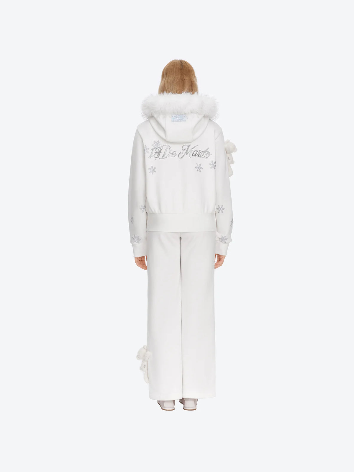 13DE MARZO Shimmer Snow Bear Zip Hoodie White