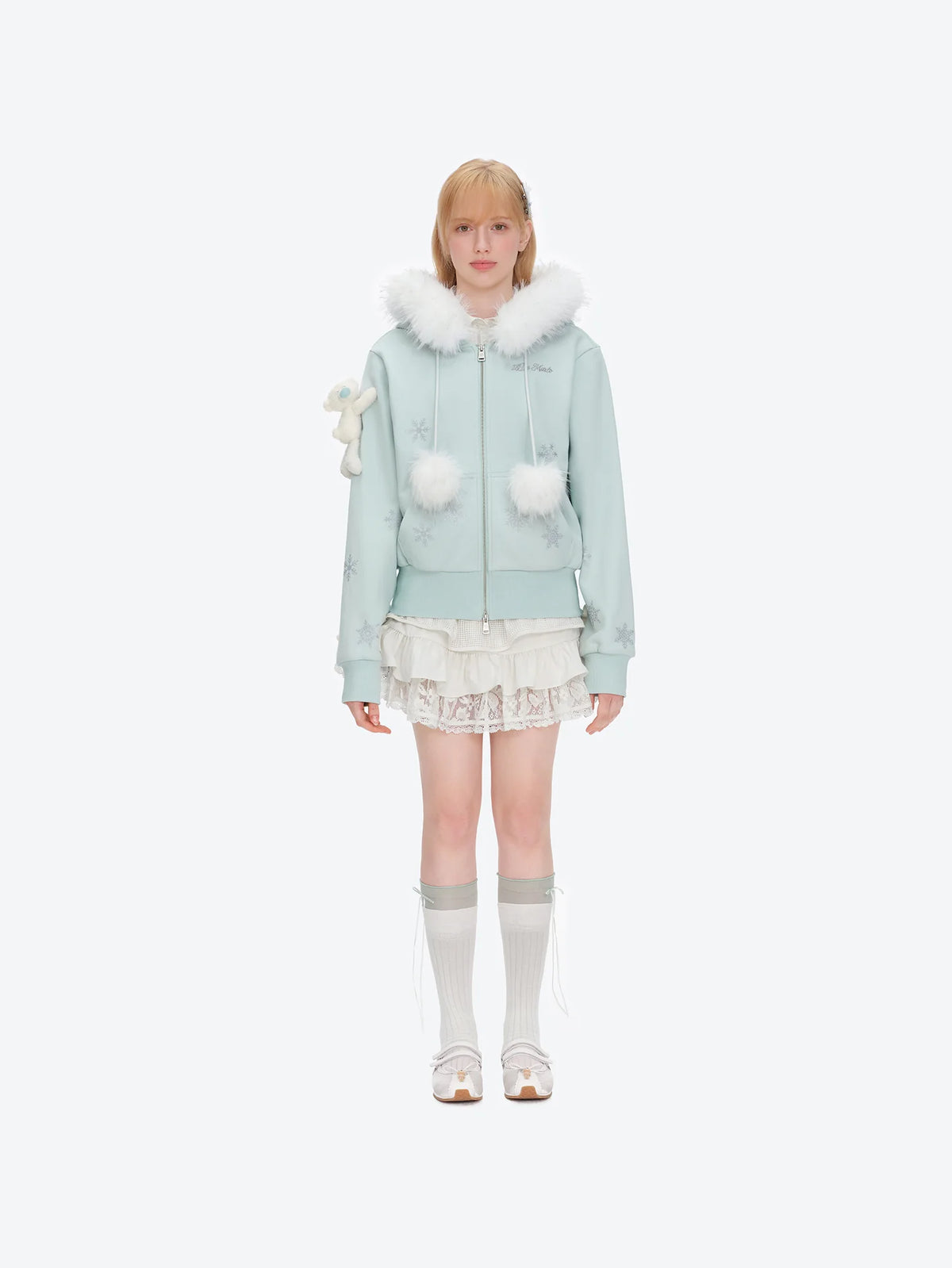 13DE MARZO Shimmer Snow Bear Zip Hoodie Blue