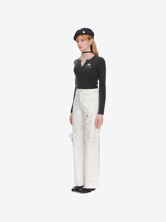 13DE MARZO Doozoo Bear Sketch Print Jeans White