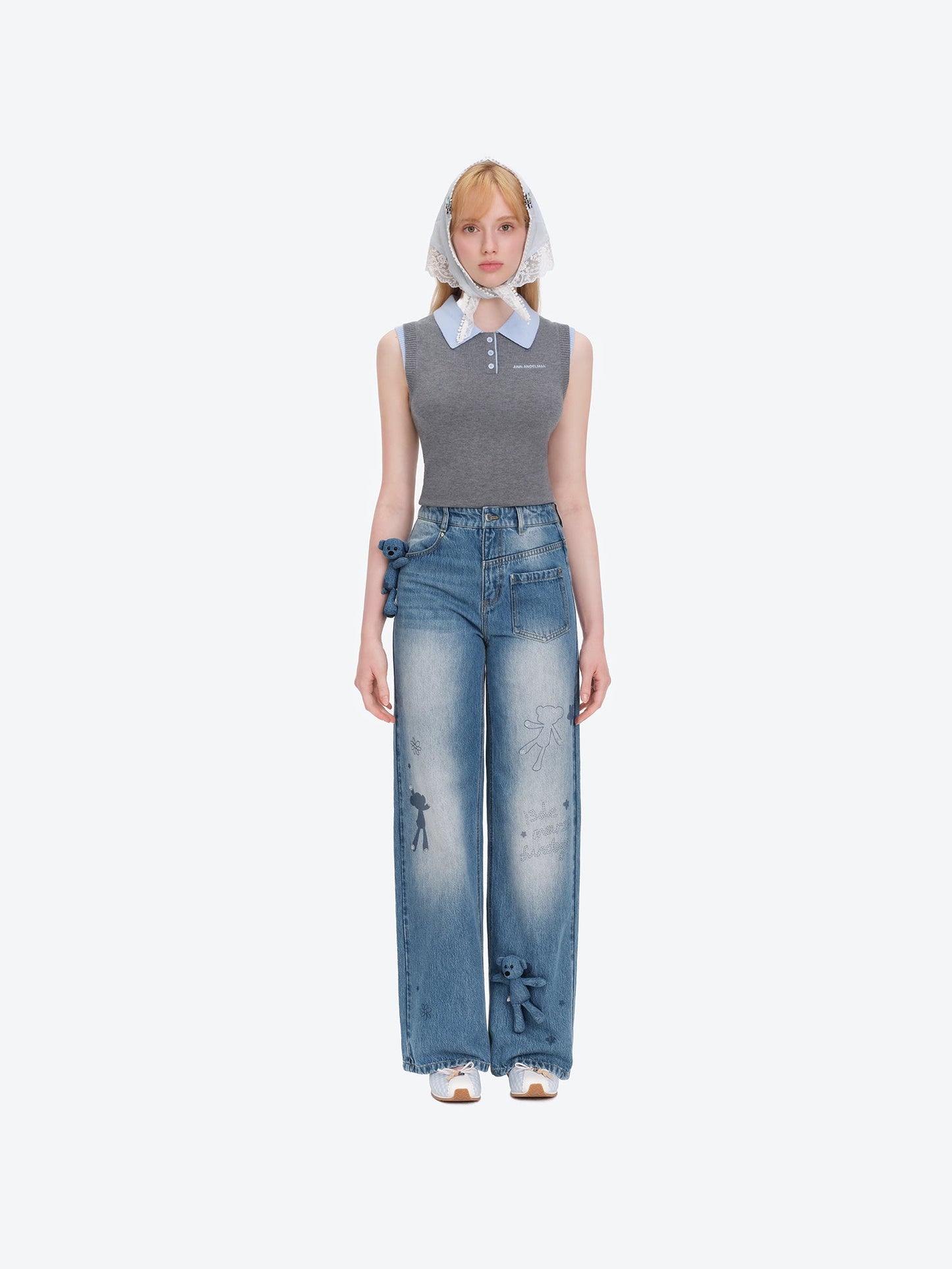 13DE MARZO Doozoo Bear Sketch Print Jeans Blue