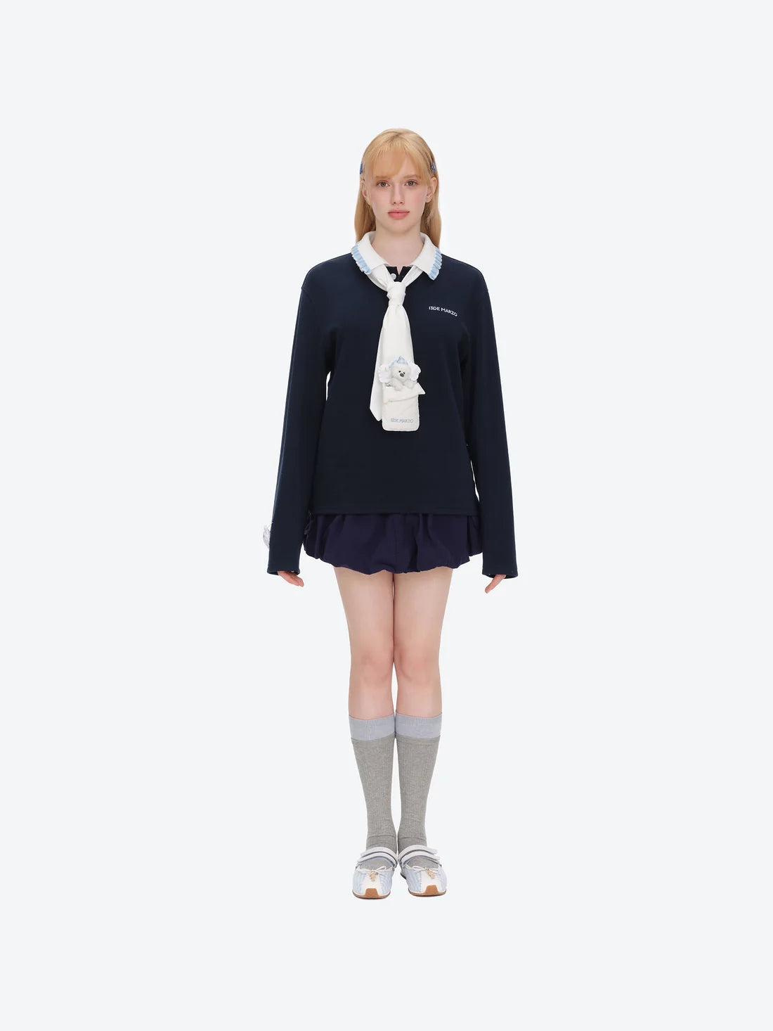 13DE MARZO Nighty Night Bear Long-Sleeve Polo Navy Blue