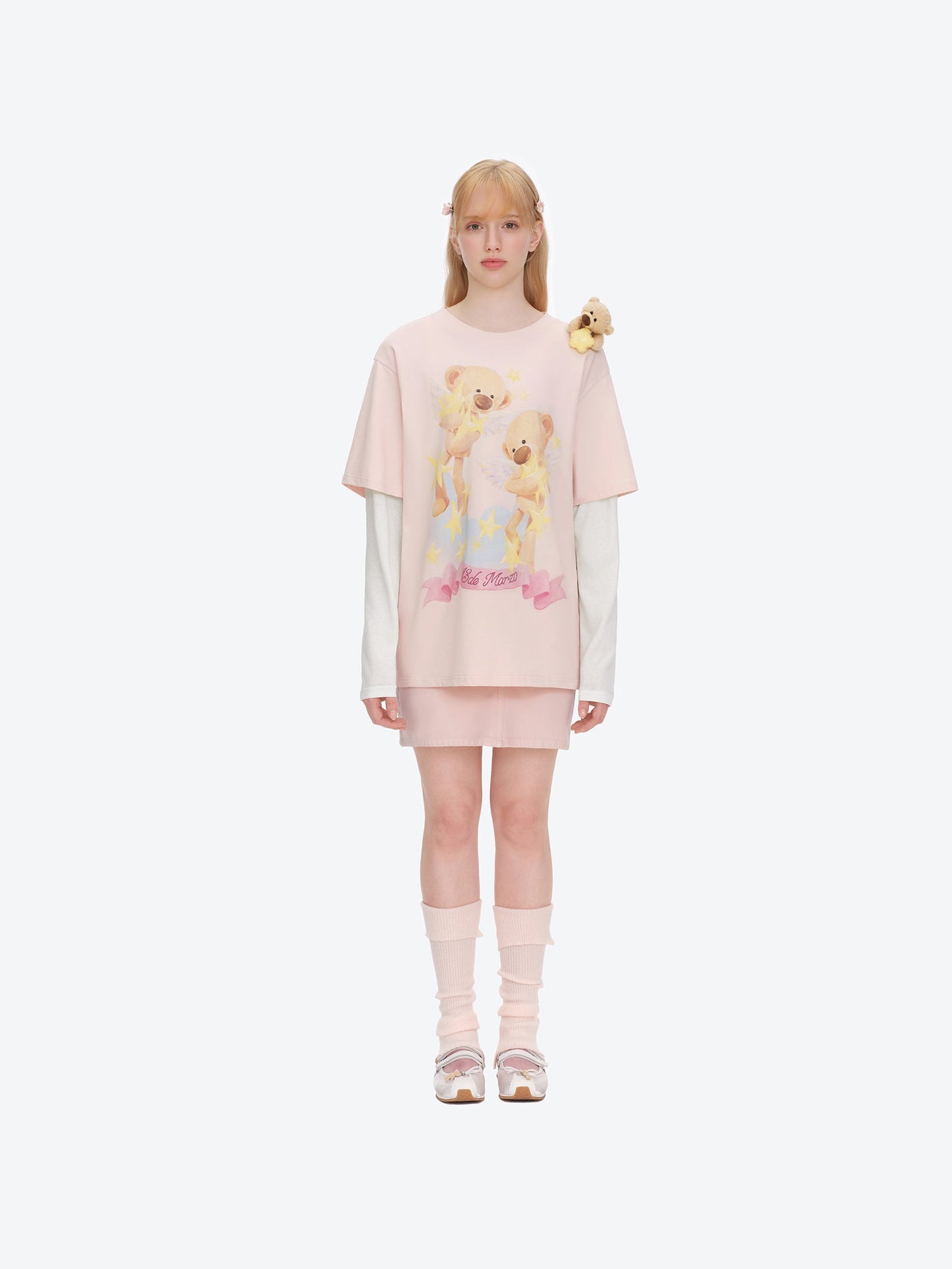 13DE MARZO Luminous Bear Sketch T-shirt Pink