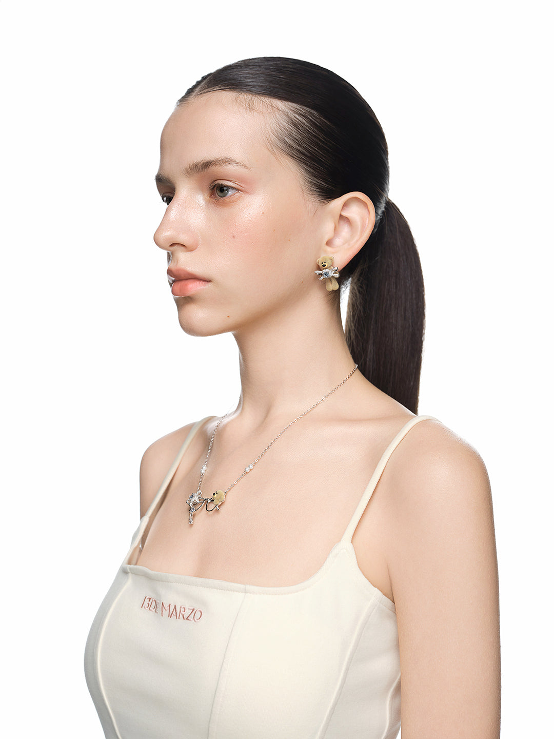 13DE MARZO Bow Crystal Rhinestone Bear Ear Studs