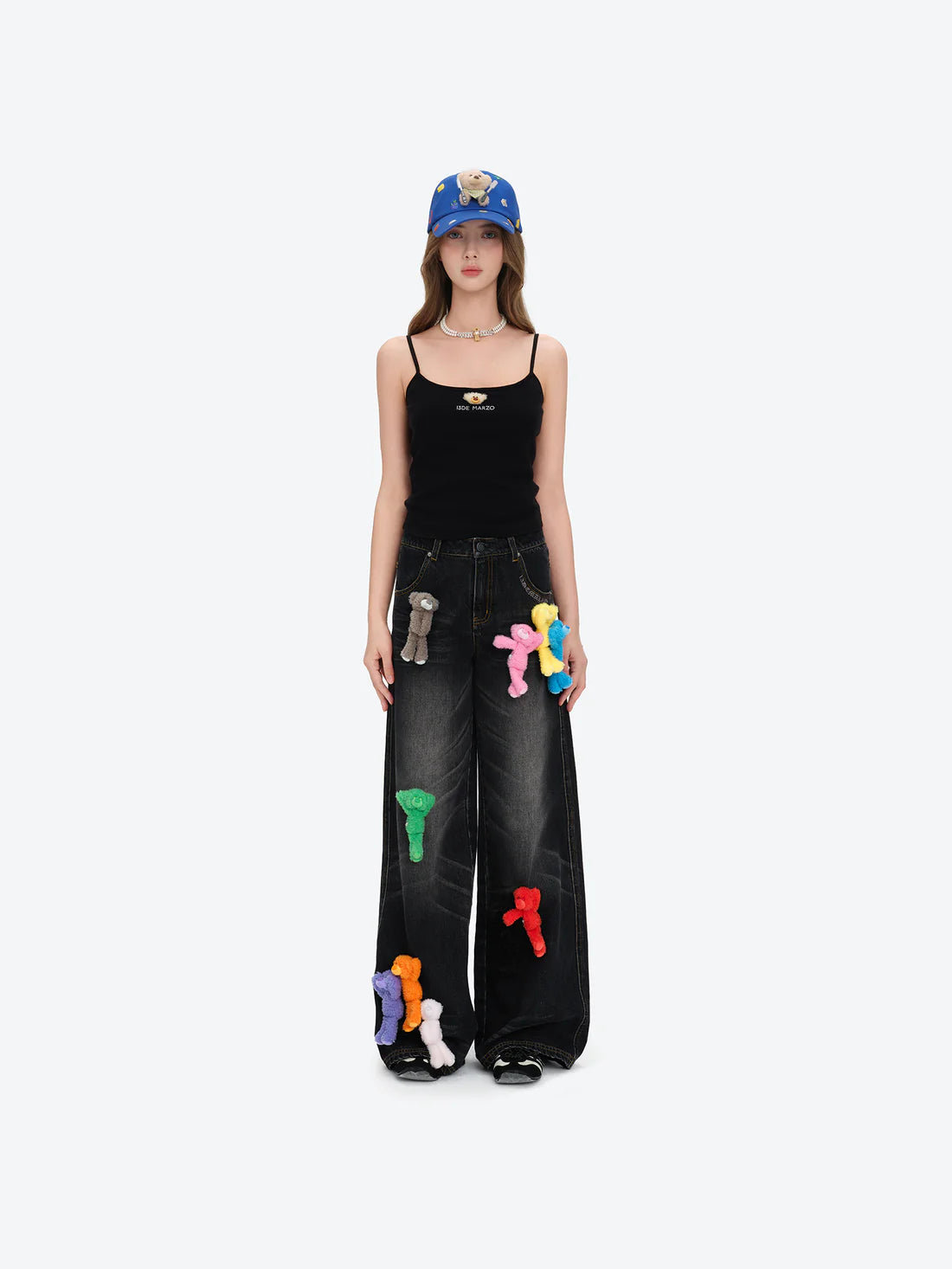 13DE MARZO Colorful All-Over Bear Print Jeans Black