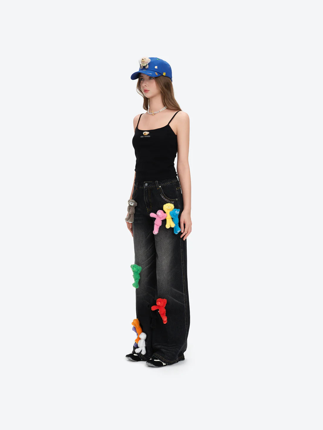 13DE MARZO Colorful All-Over Bear Print Jeans Black