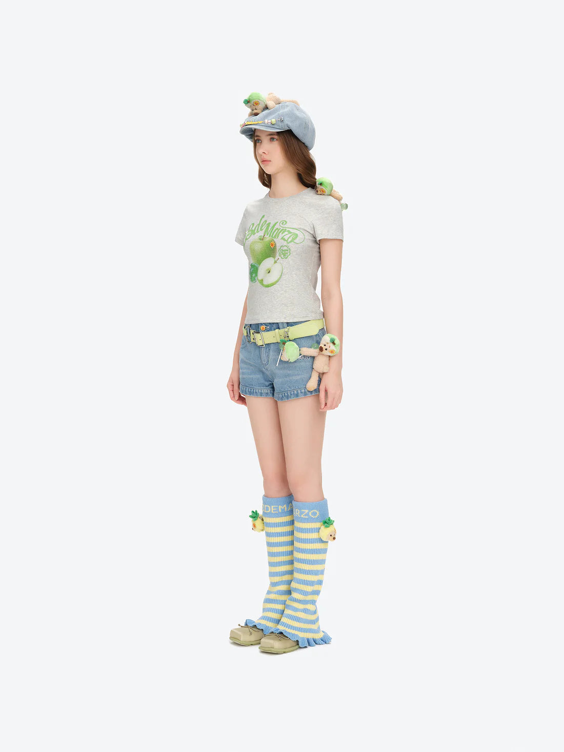 13DE MARZO Fruit Illustration Fitted T-shirt Grey