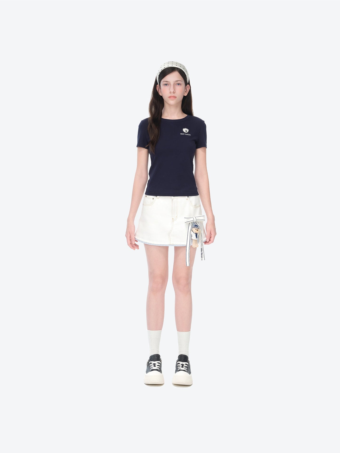 13DE MARZO Sailor Bear Denim Skirt White
