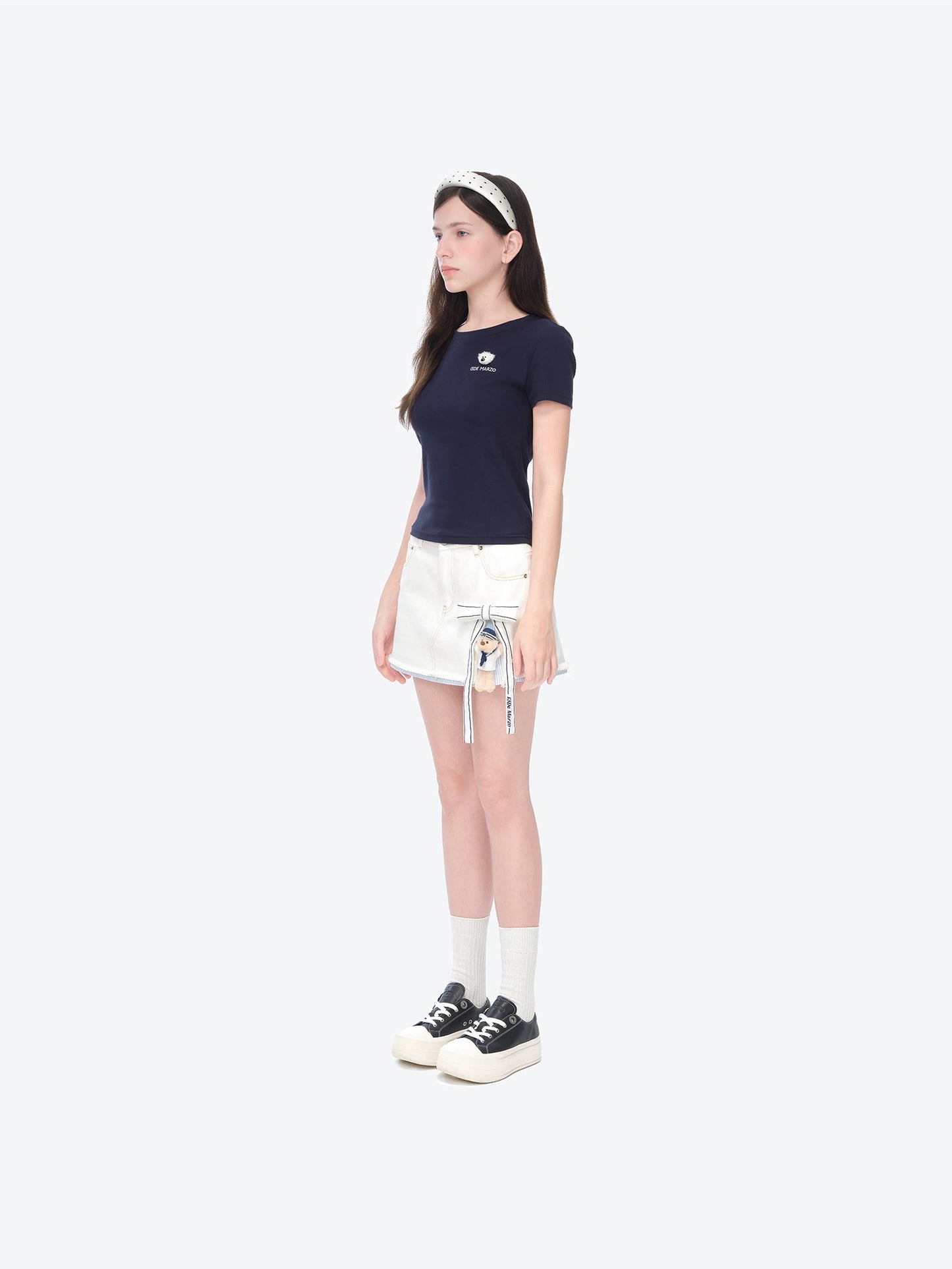 13DE MARZO Sailor Bear Denim Skirt White