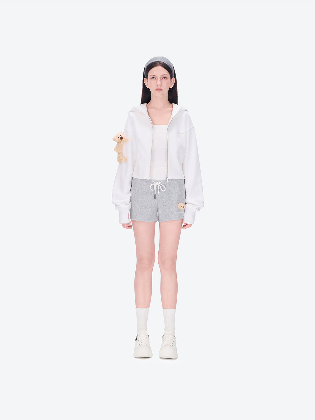 13DE MARZO Tapered Waist Bear Zip Hoodie White