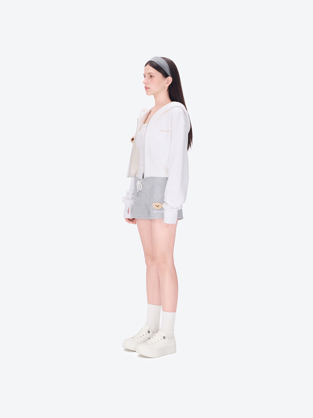 13DE MARZO Tapered Waist Bear Zip Hoodie White