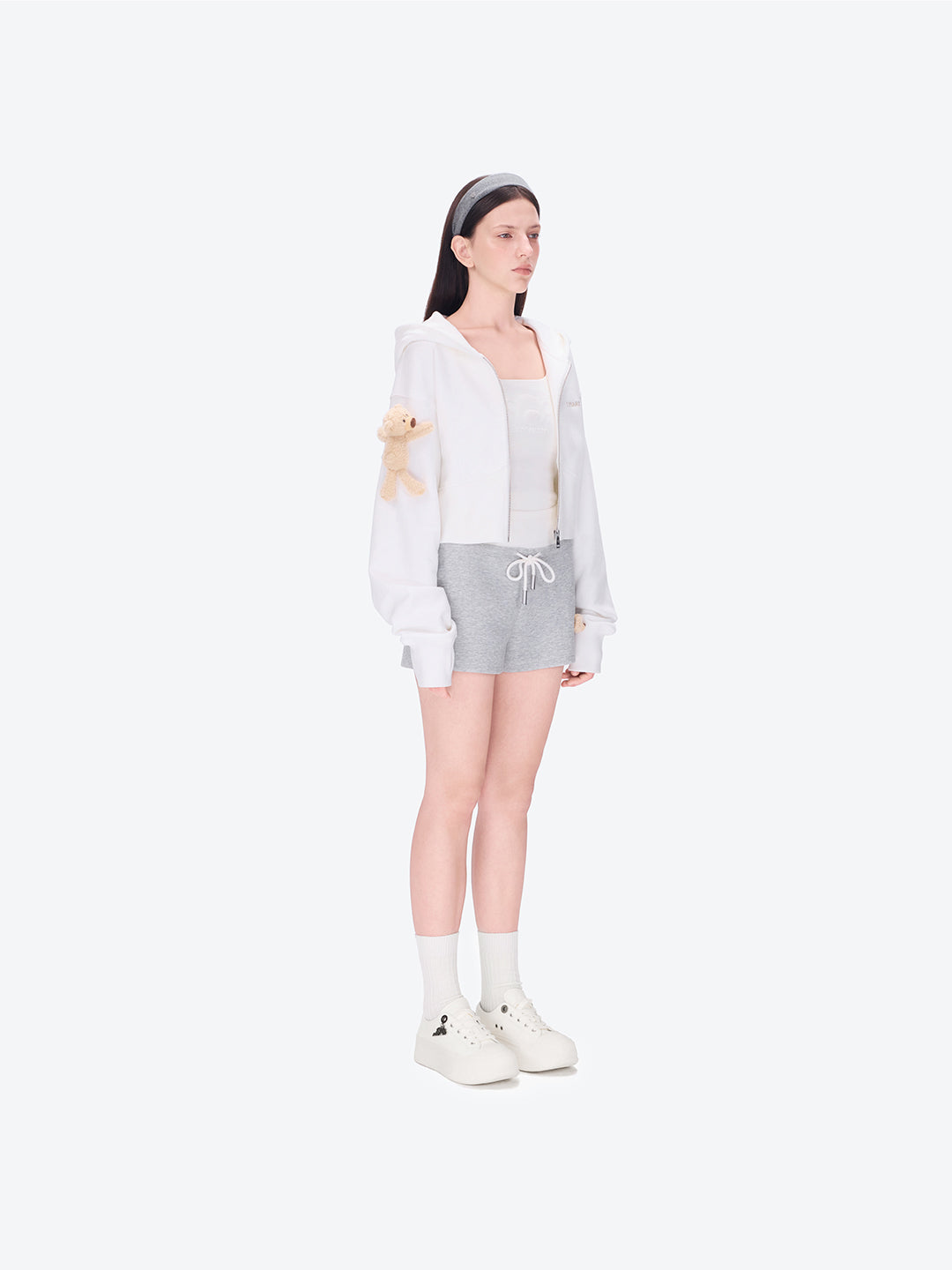 13DE MARZO Tapered Waist Bear Zip Hoodie White