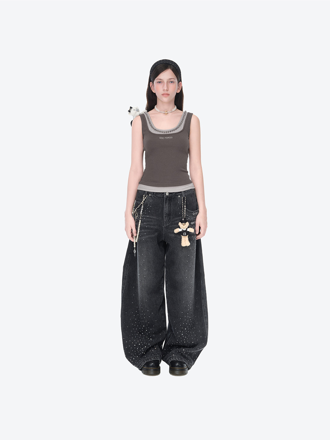 13DE MARZO Faux Rhinestones Pearl Chains Jeans Black