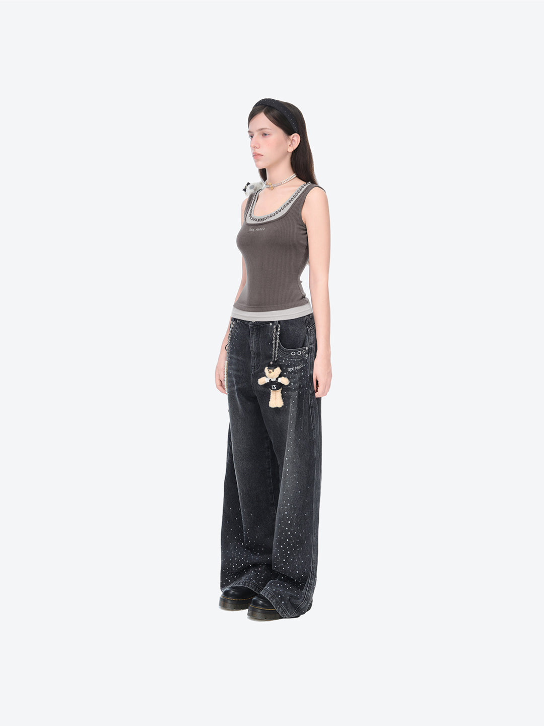 13DE MARZO Faux Rhinestones Pearl Chains Jeans Black