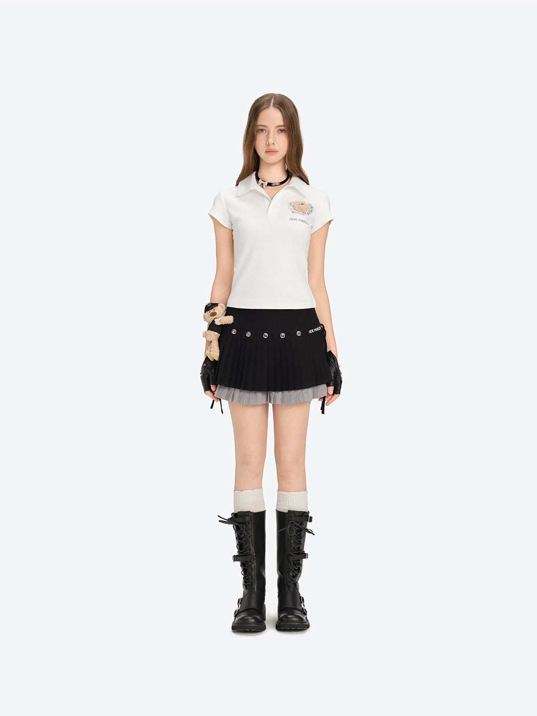 13DE MARZO Faux Rhinestones Fitted Polo Shirt White