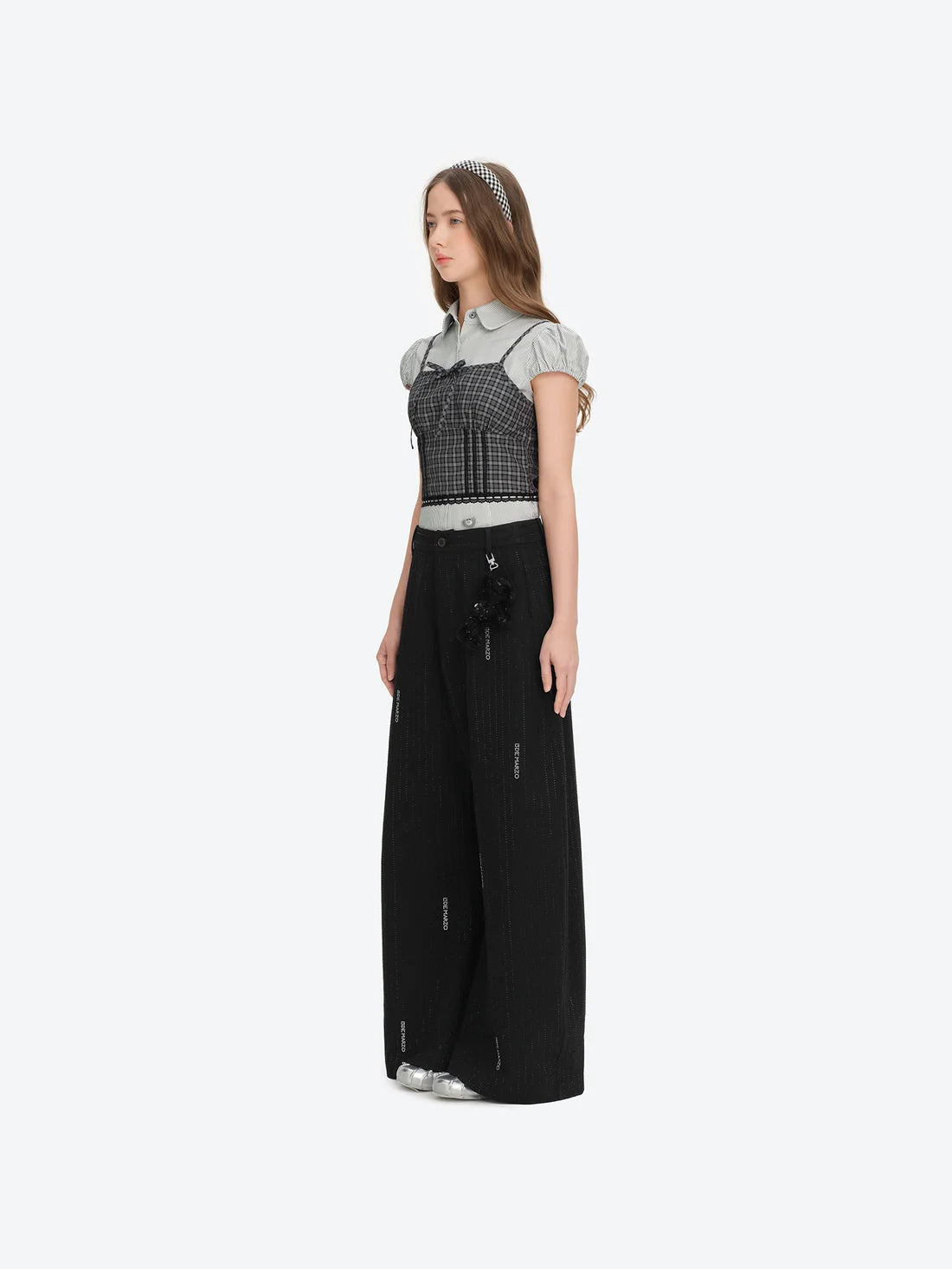 13DE MARZO Curved-Hem Stripe Rhinestone Trousers Black
