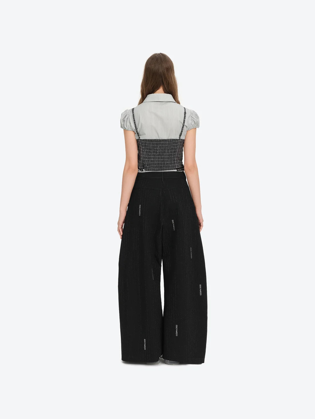 13DE MARZO Curved-Hem Stripe Rhinestone Trousers Black