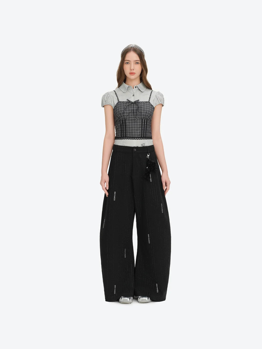 13DE MARZO Curved-Hem Stripe Rhinestone Trousers Black