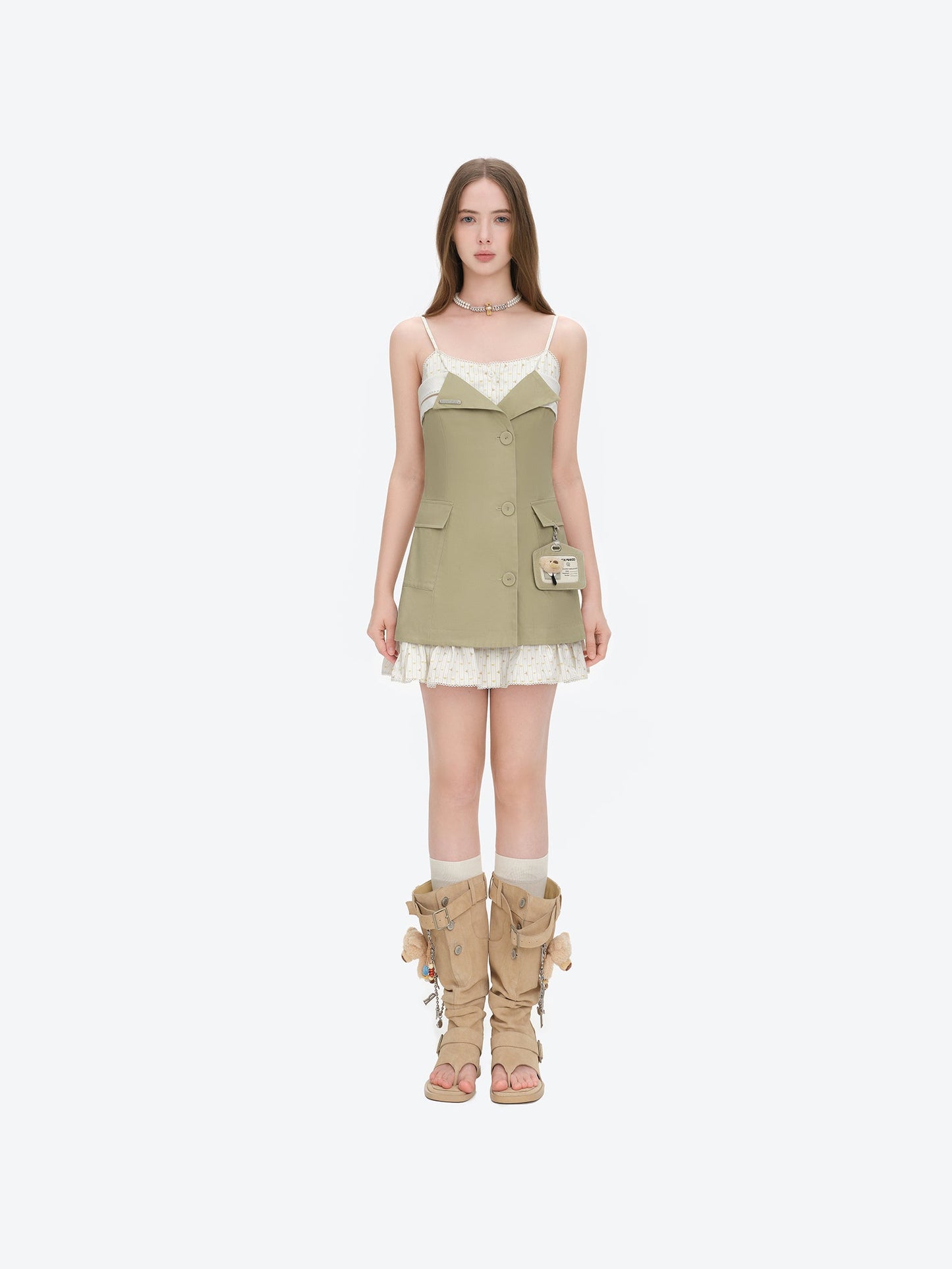 13DE MARZO Two-piece Style Blazer with Badge Dress Khaki