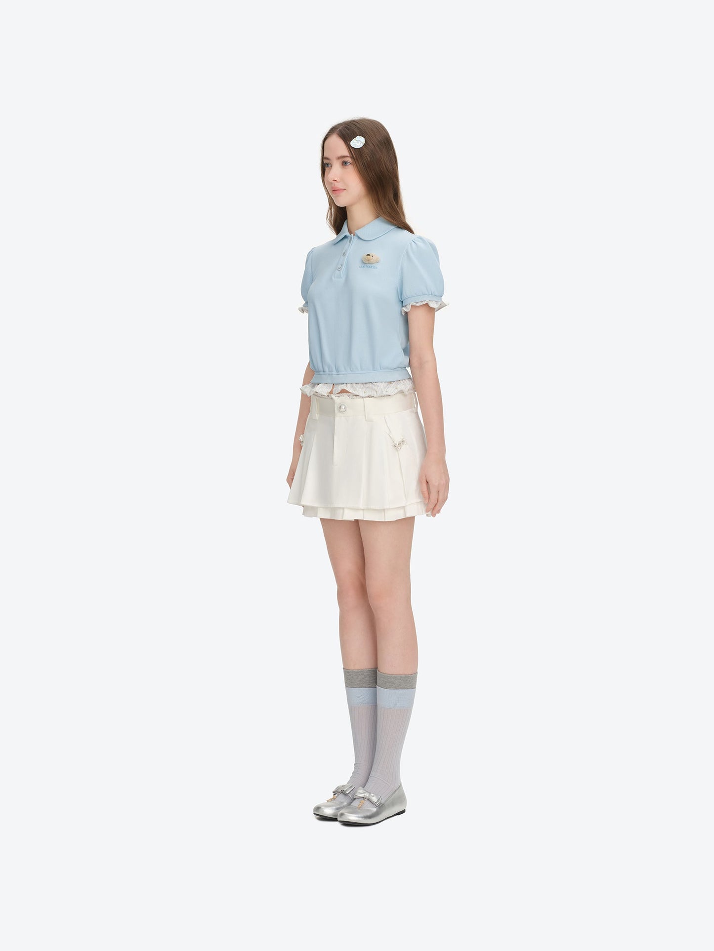 13DE MARZO Smocked Puff Sleeve Polo Style T-shirt