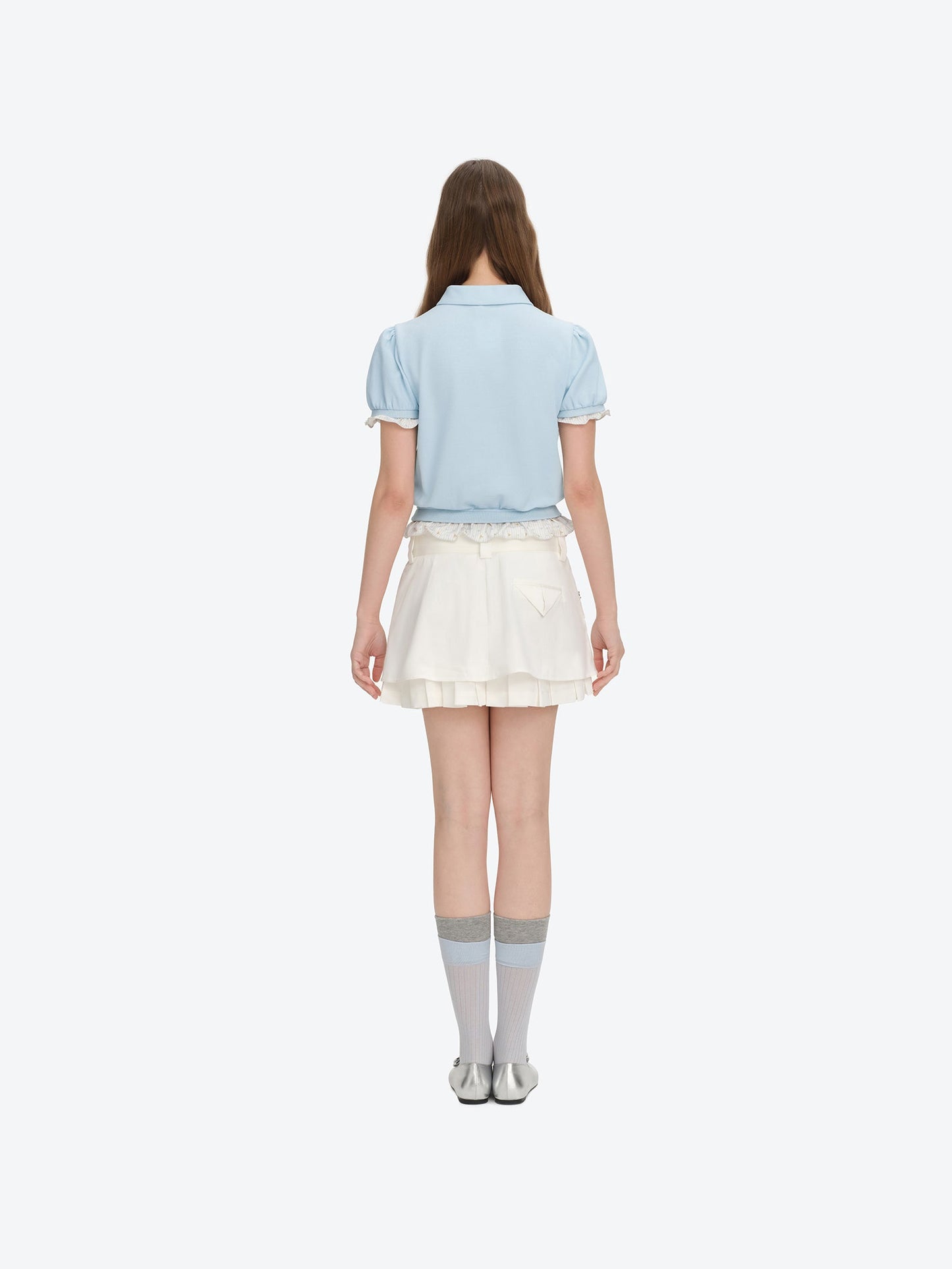 13DE MARZO Smocked Puff Sleeve Polo Style T-shirt