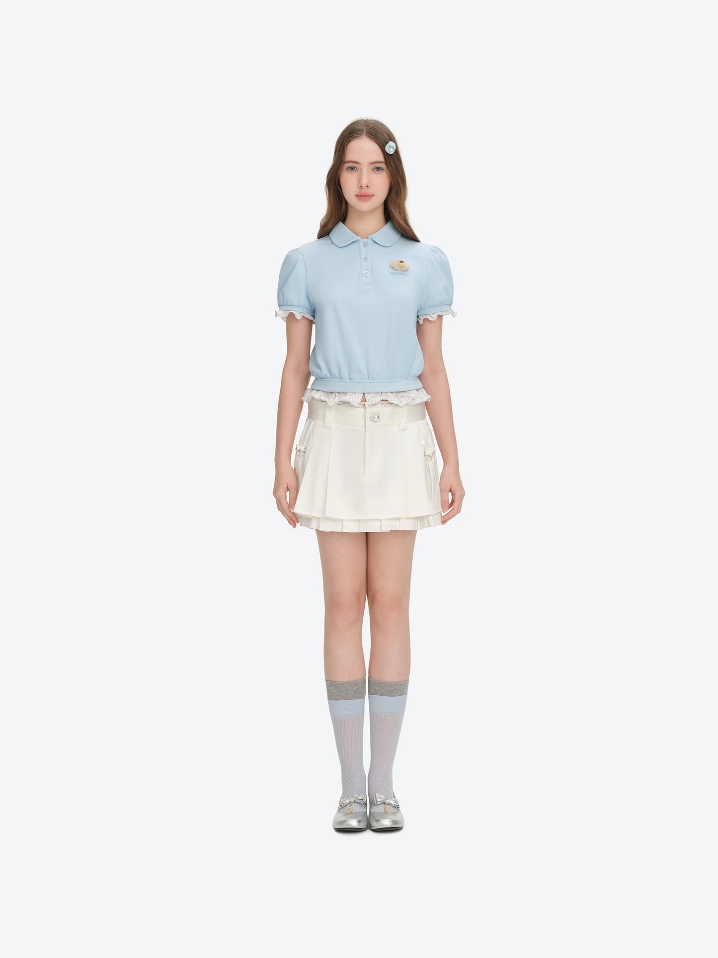 13DE MARZO Smocked Puff Sleeve Polo Style T-shirt