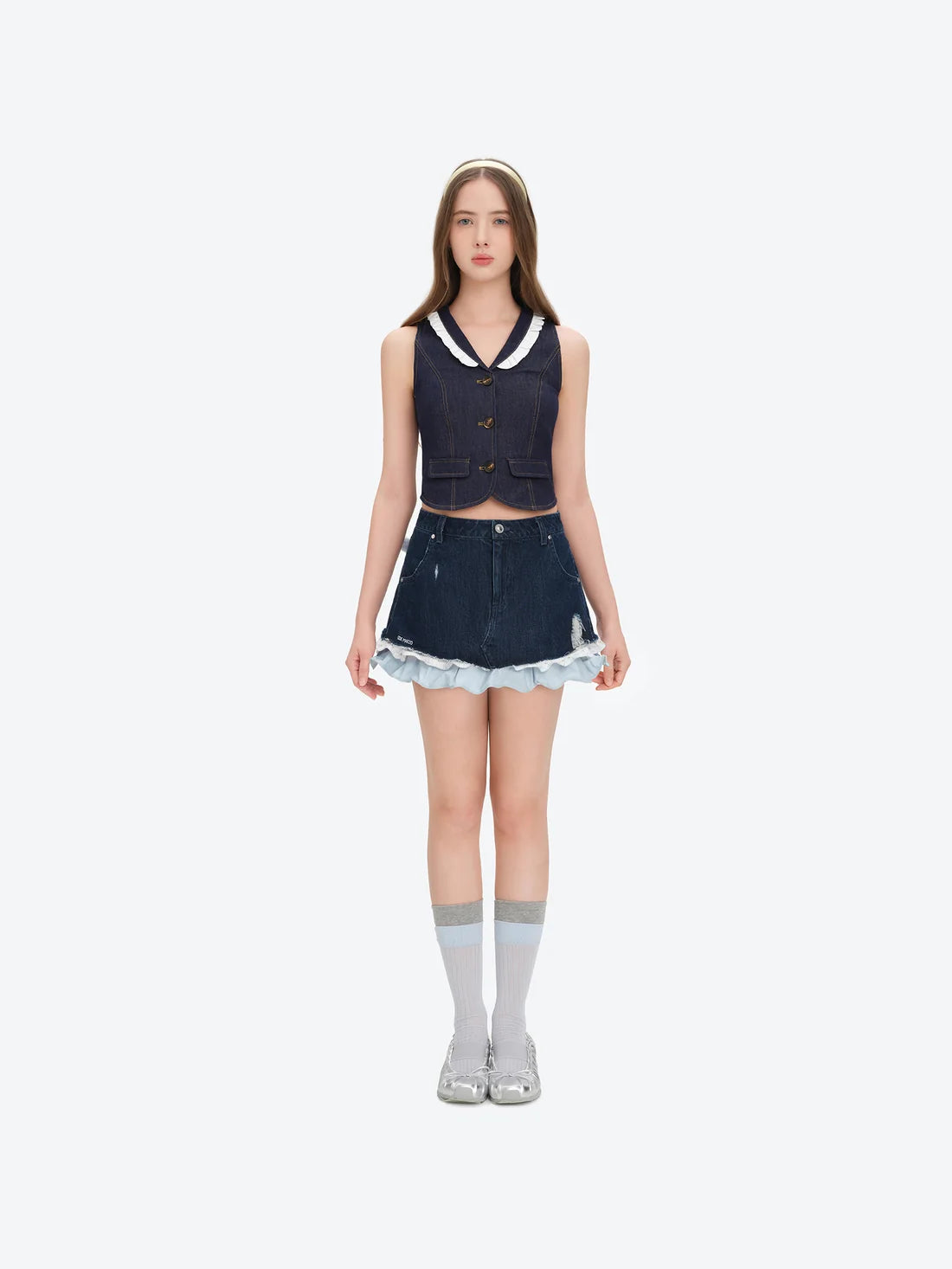 13DE MARZO Two-piece Style Smocked Denim Skirt Navy Blue