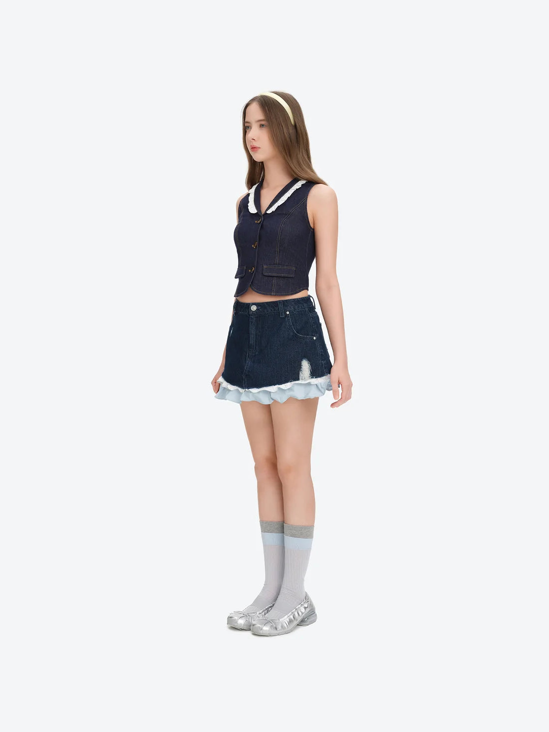 13DE MARZO Two-piece Style Smocked Denim Skirt Navy Blue