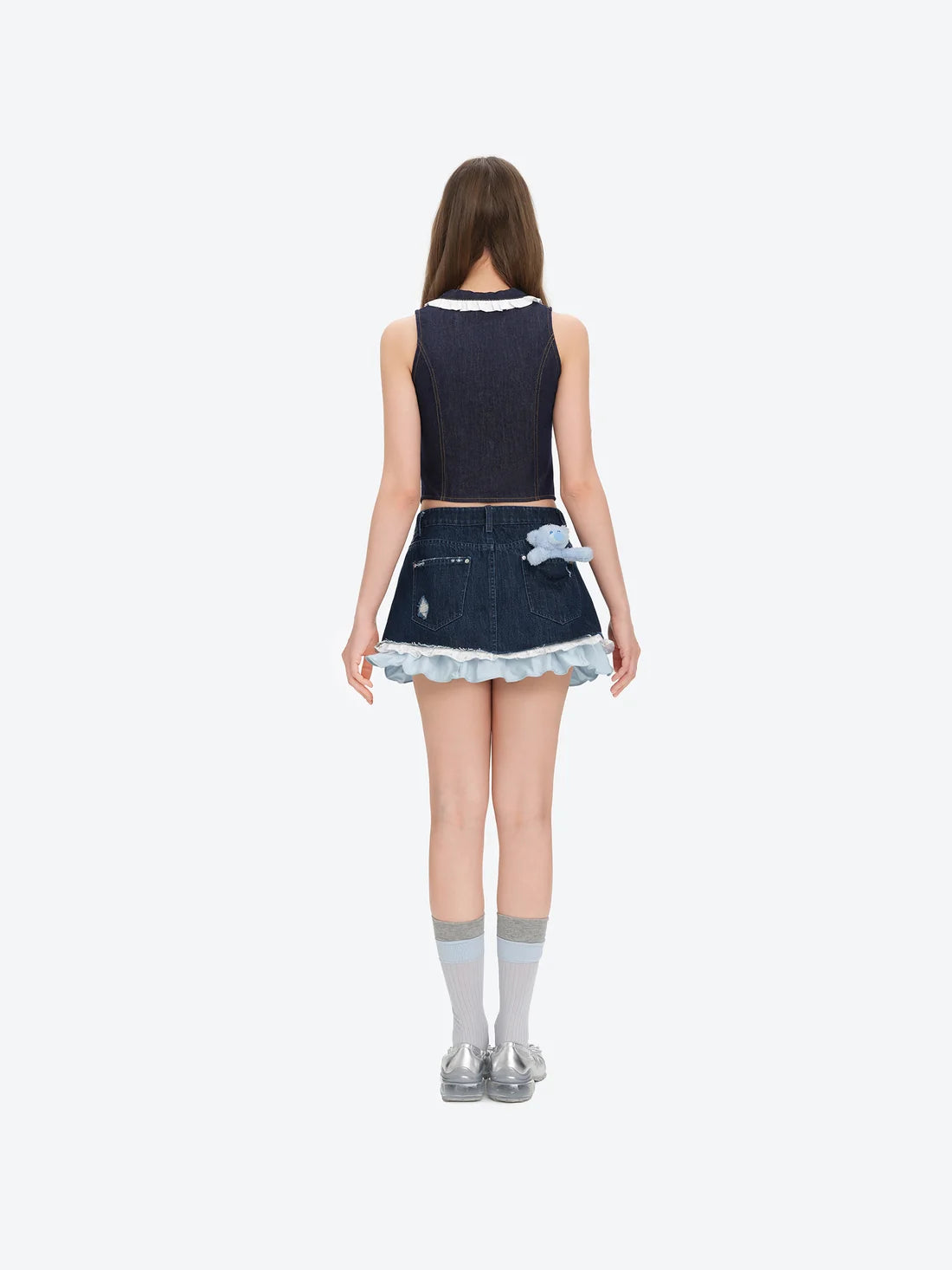 13DE MARZO Two-piece Style Smocked Denim Skirt Navy Blue