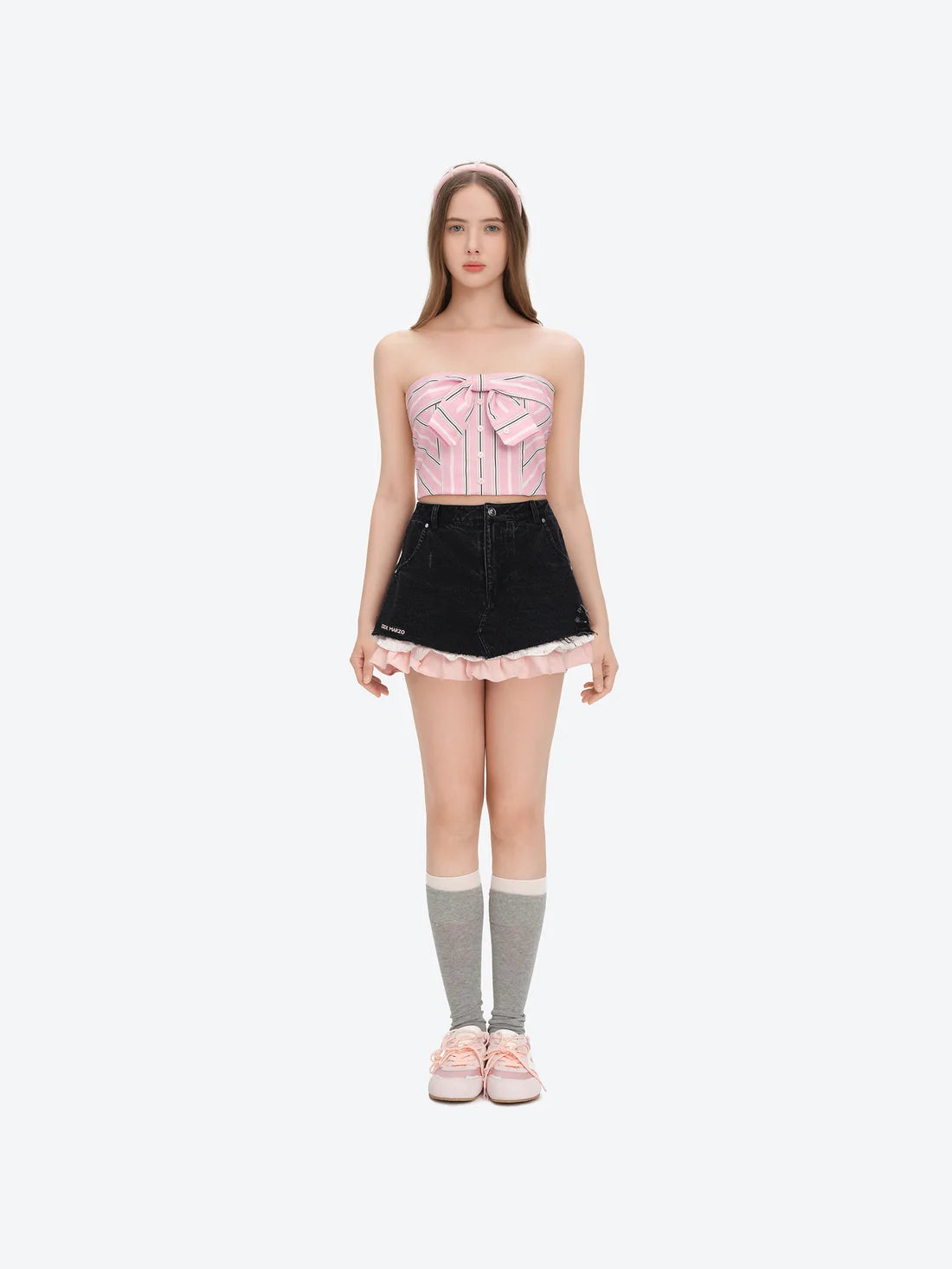 13DE MARZO Two-piece Style Smocked Denim Skirt Black