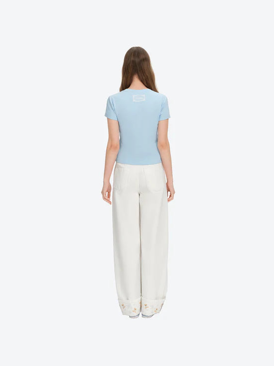 13DE MARZO Cross-Over Collar Button-Strap T-shirt Blue