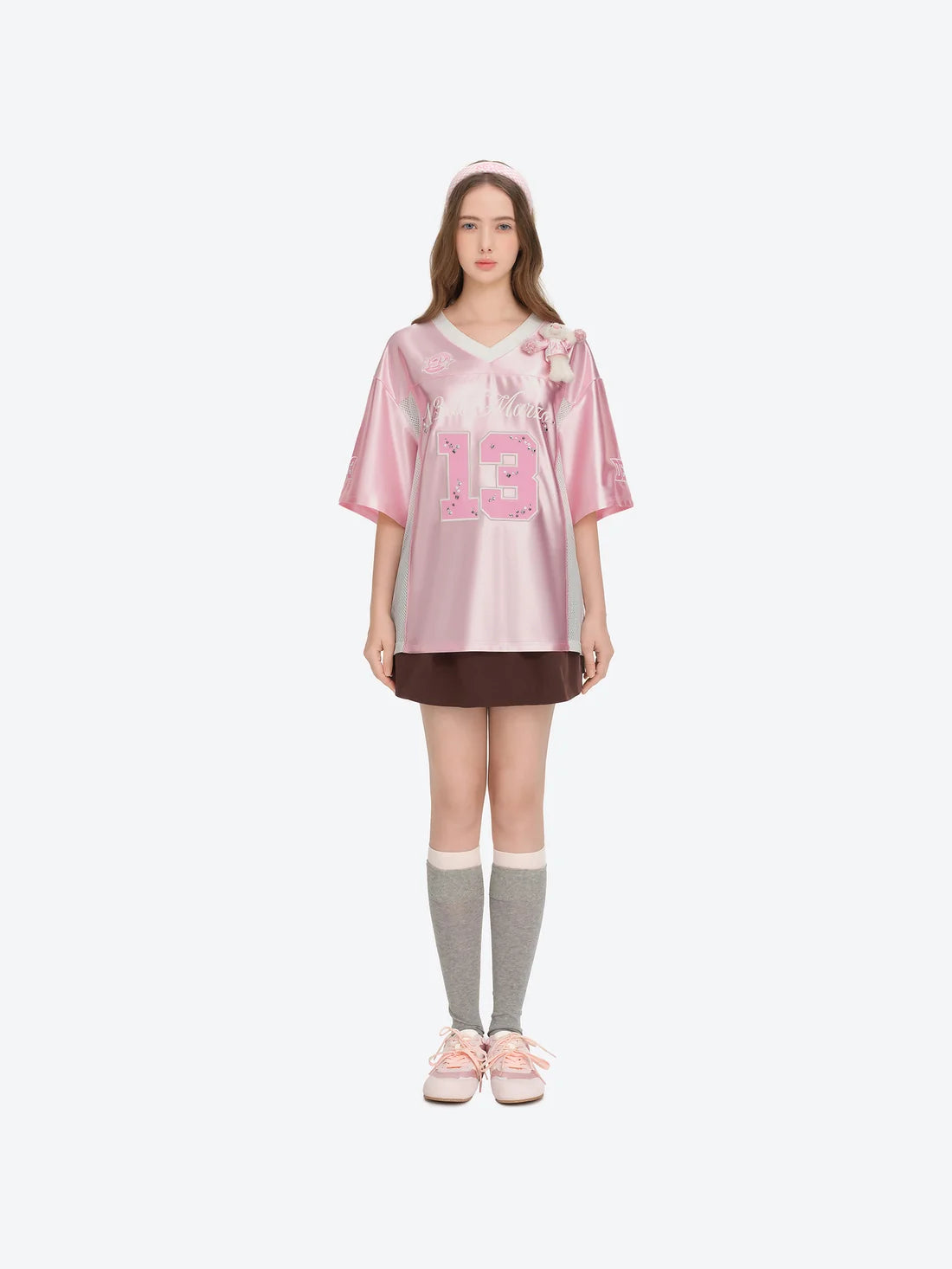13DE MARZO Bear Cheerleader Satin Jersey T-shirt Pink