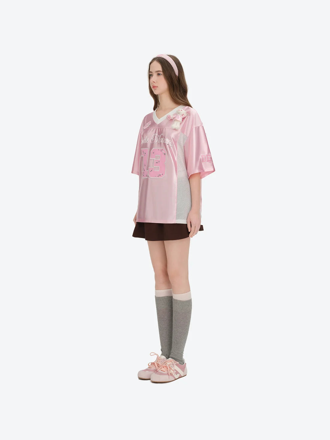 13DE MARZO Bear Cheerleader Satin Jersey T-shirt Pink