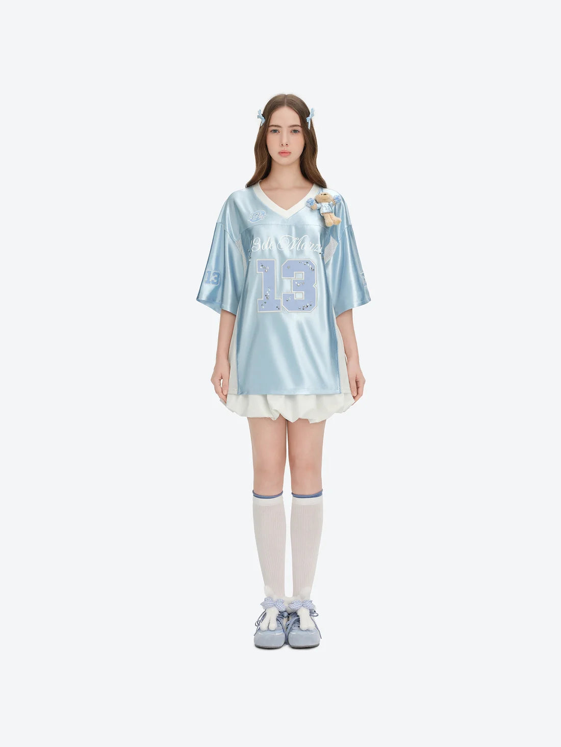 13DE MARZO Bear Cheerleader Satin Jersey T-shirt Blue