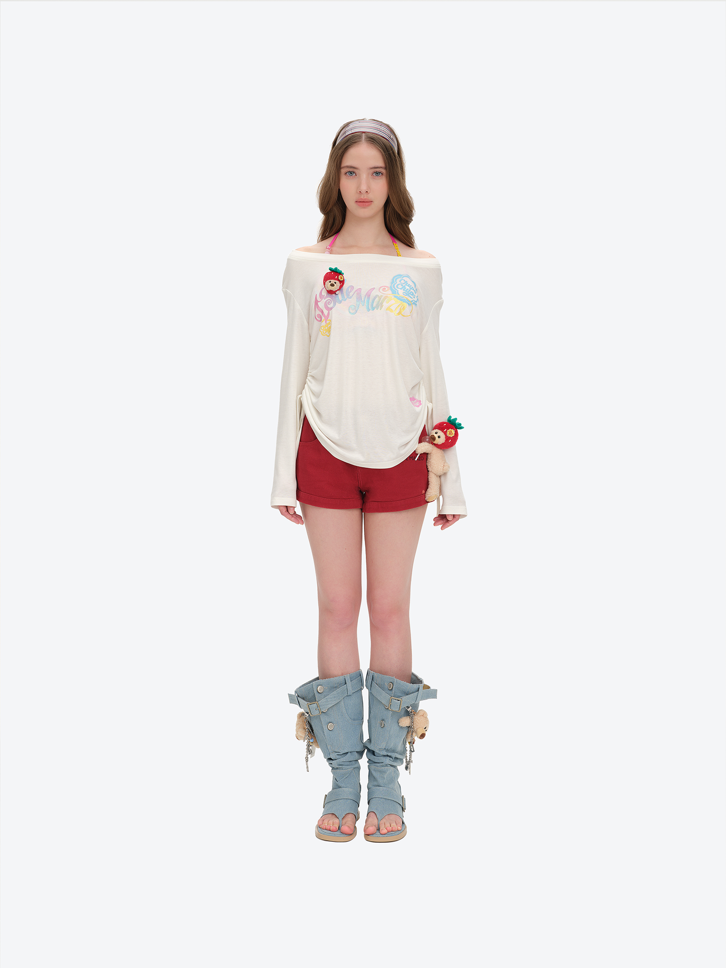 13DE MARZO Asymmetric Shoulder Long Sleeve Set White