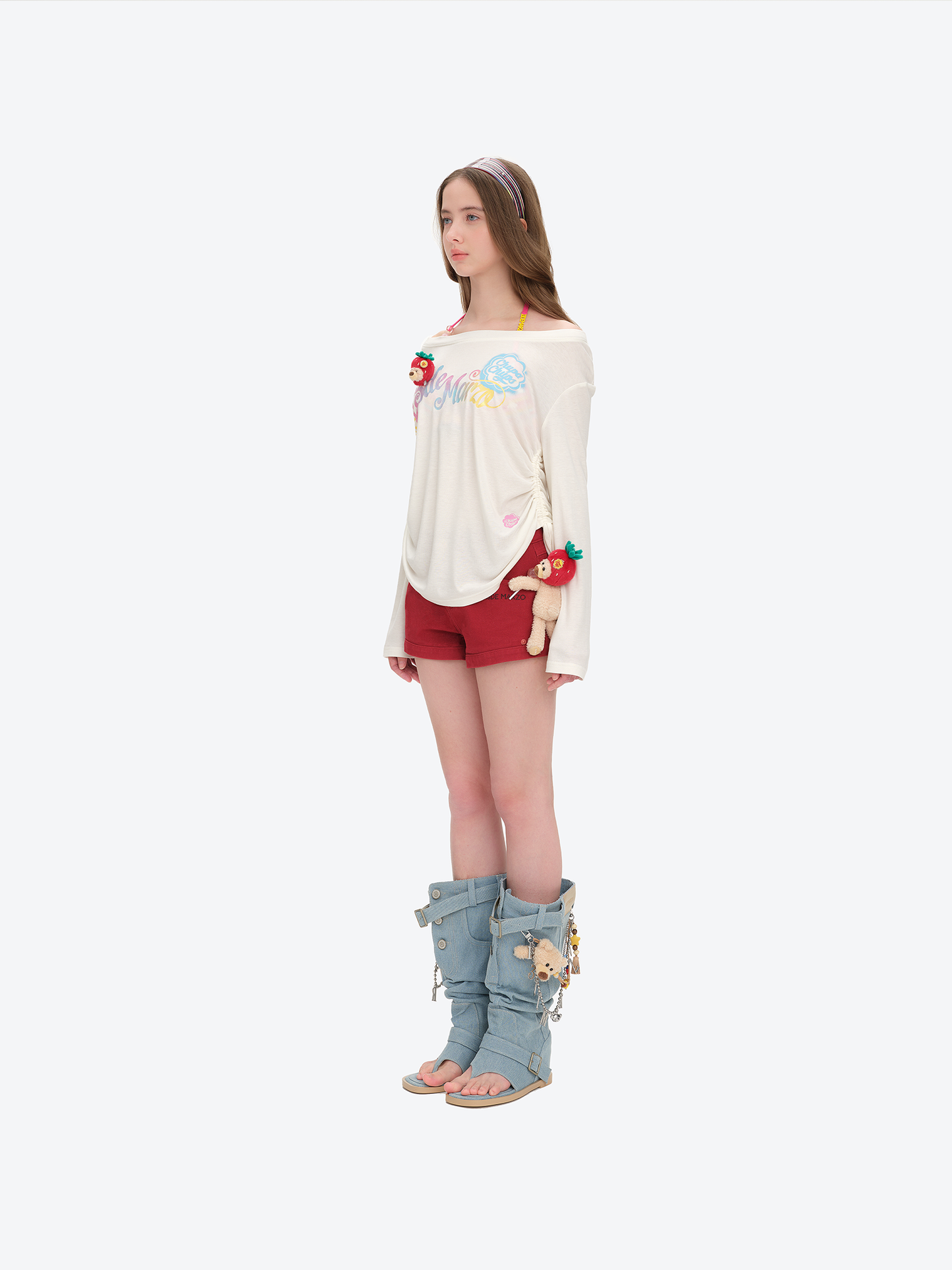 13DE MARZO Asymmetric Shoulder Long Sleeve Set White