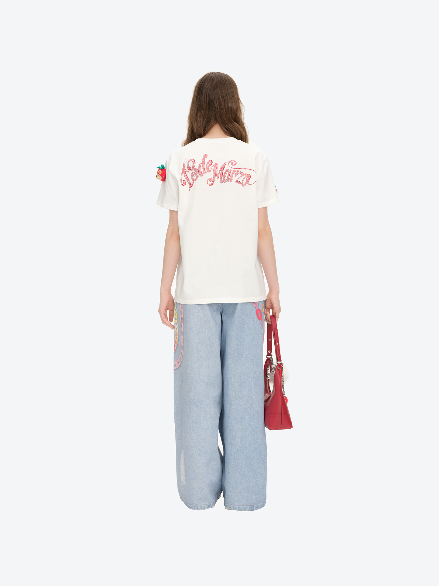 13DE MARZO Bear Print with Rhinestone T-shirt White