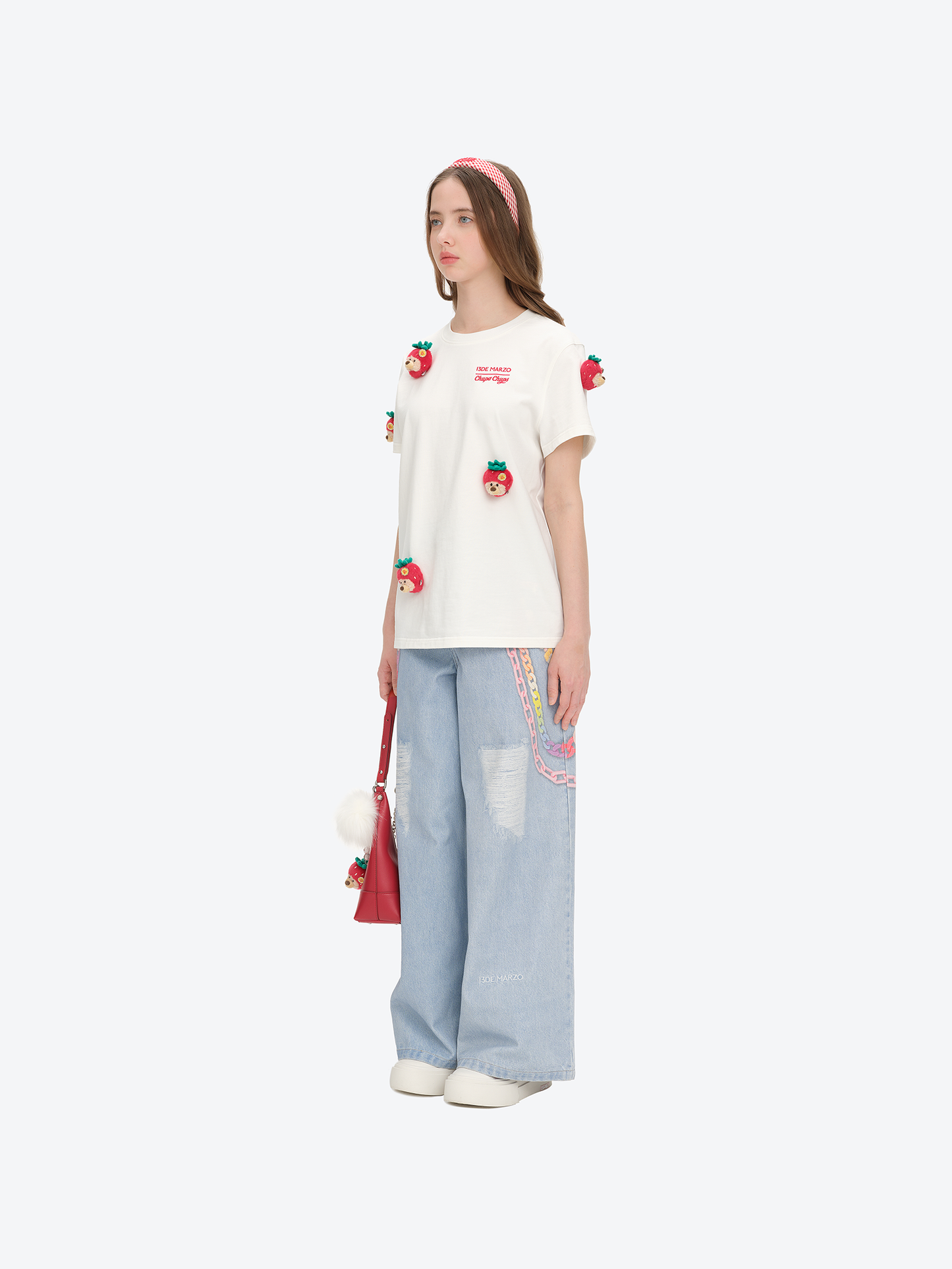 13DE MARZO Bear Print with Rhinestone T-shirt White