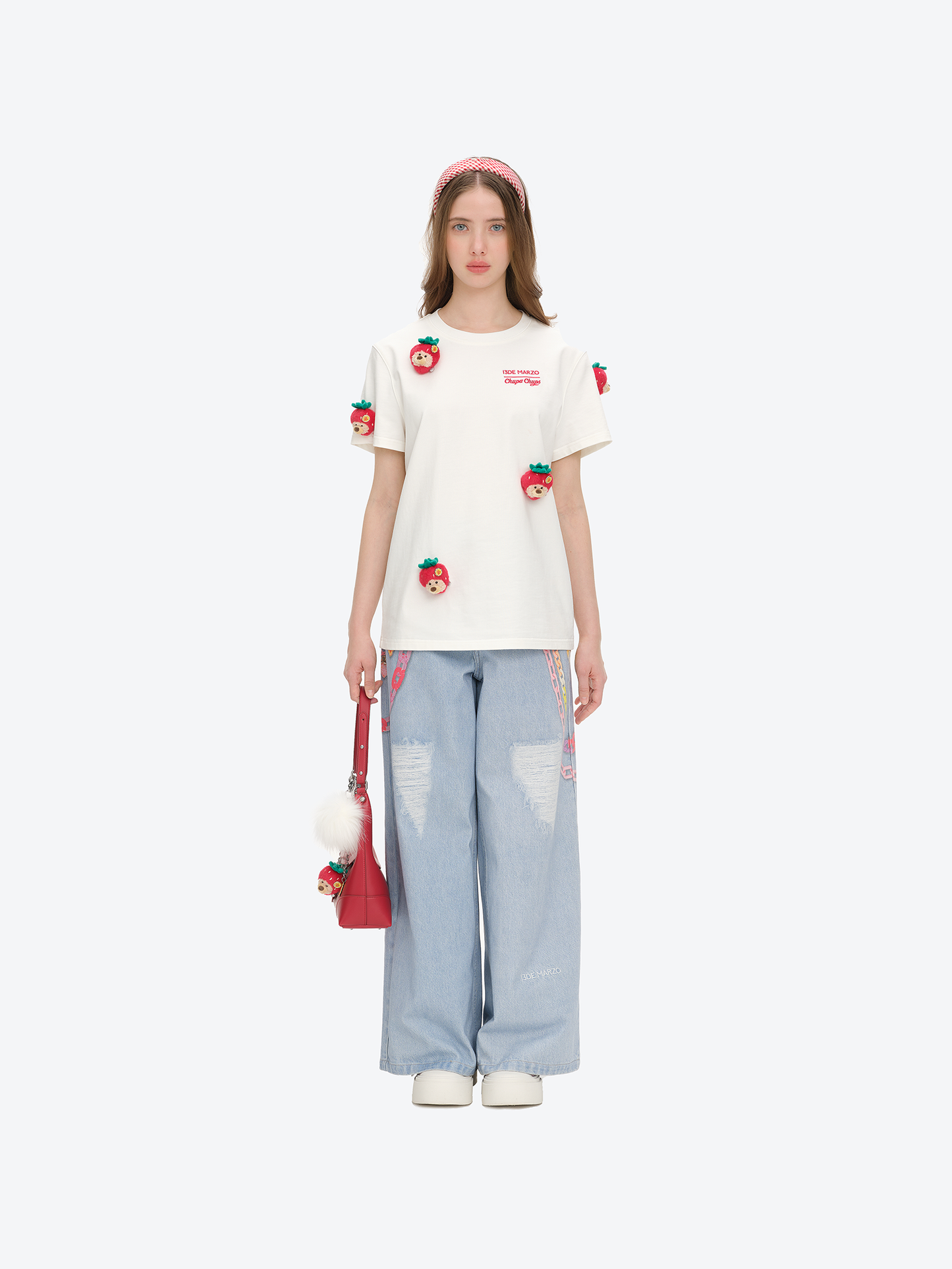 13DE MARZO Bear Print with Rhinestone T-shirt White