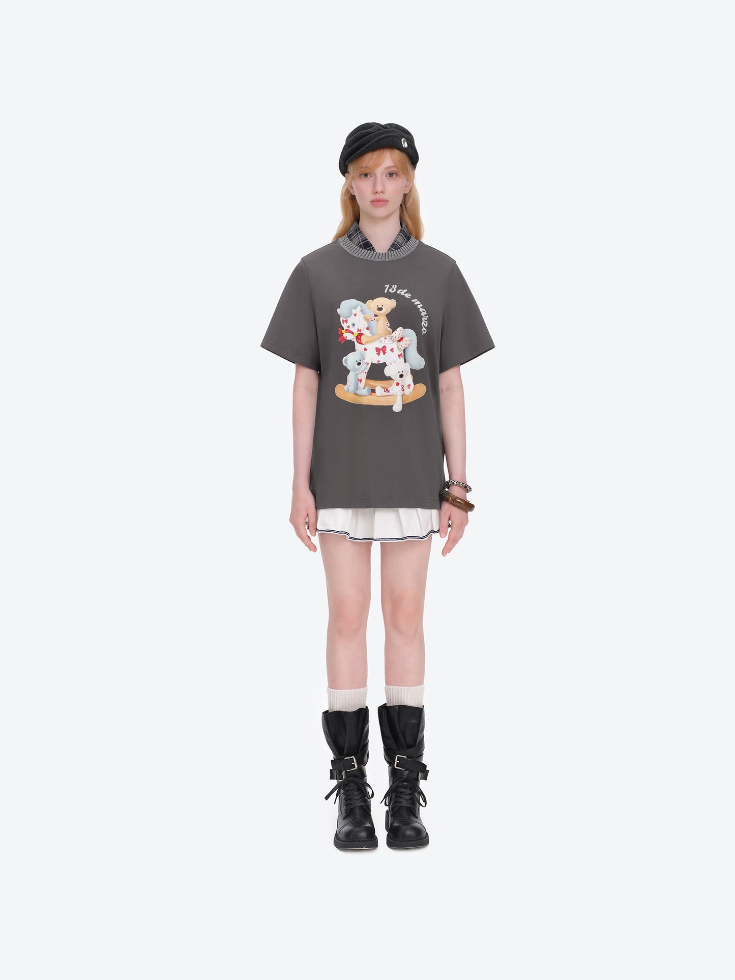 13DE MARZO Rocking Horse Print T-shirt Dark Grey