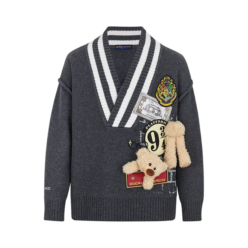 Harry Potter × 13DE MARZO Platform 9¾ Bear V-neck Sweater - Grey