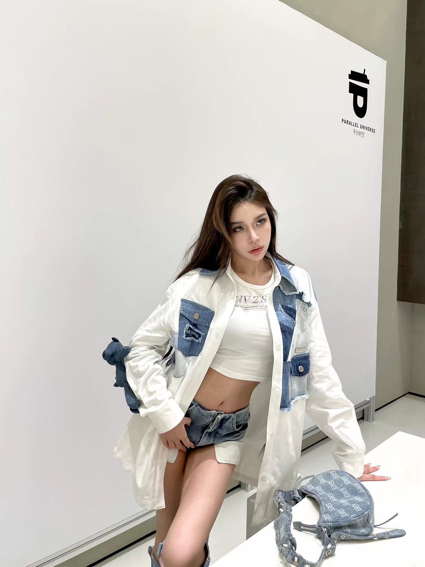 13 DE MARZO DECONSTRUCTION DENIM PATCH SHIRT WHITE