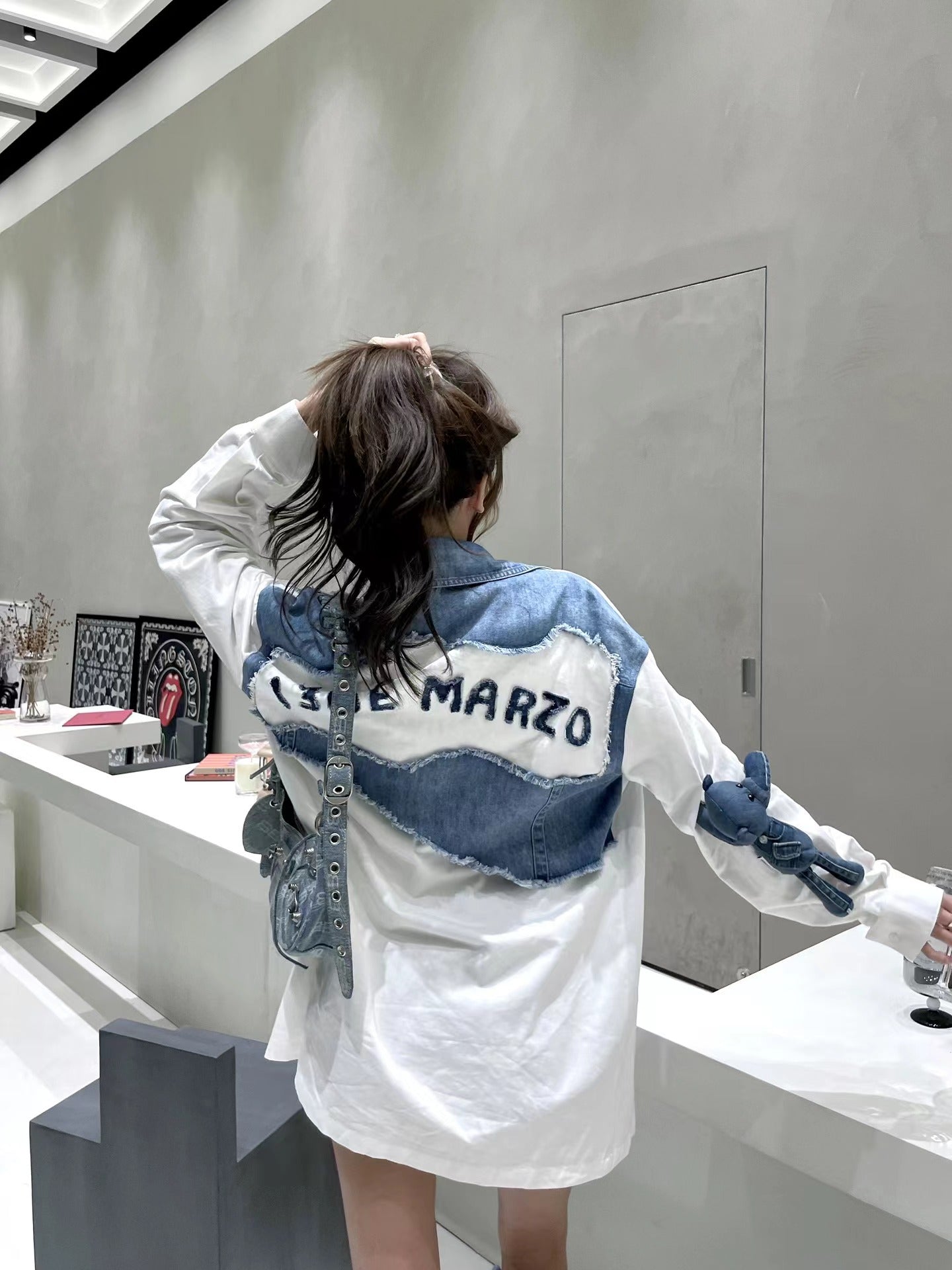13 DE MARZO DECONSTRUCTION DENIM PATCH SHIRT WHITE