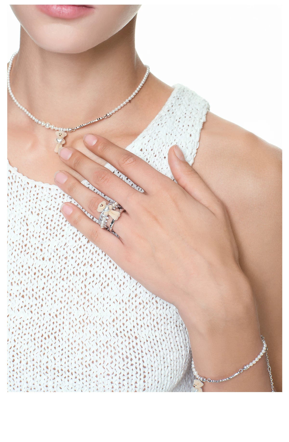13DE MARZO Bear Pearl Heart Layered Ring