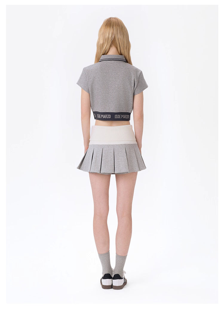 13DE MARZO  Knitted Pleated Skirt with Fold-over Waist Panel - Grey