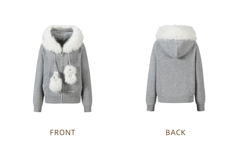 13DE MARZO Pom-pom Bear Fur Collar Knit Sweater Grey