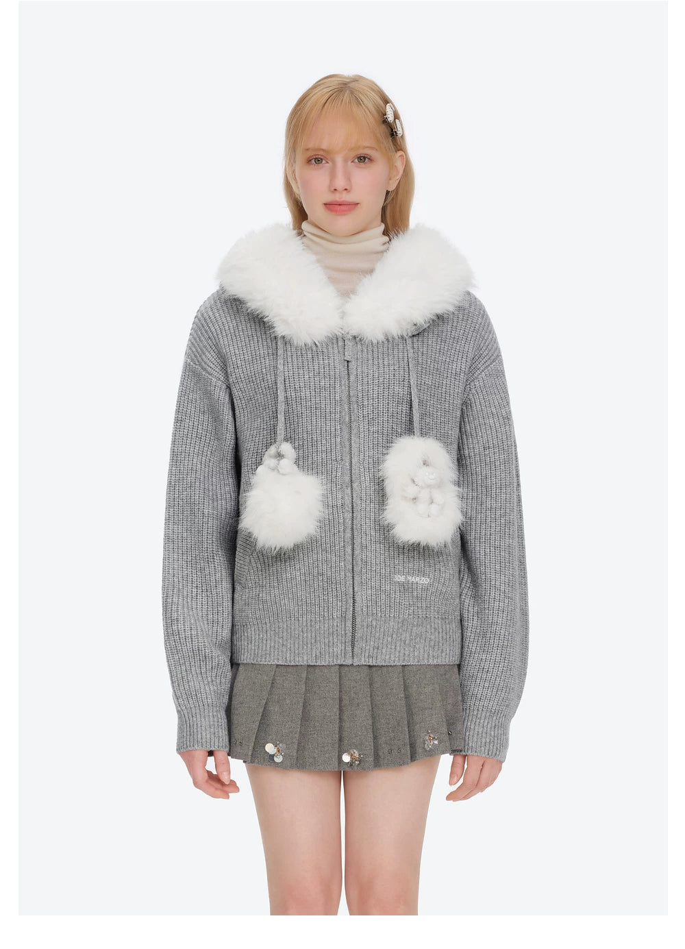 13DE MARZO Pom-pom Bear Fur Collar Knit Sweater Grey