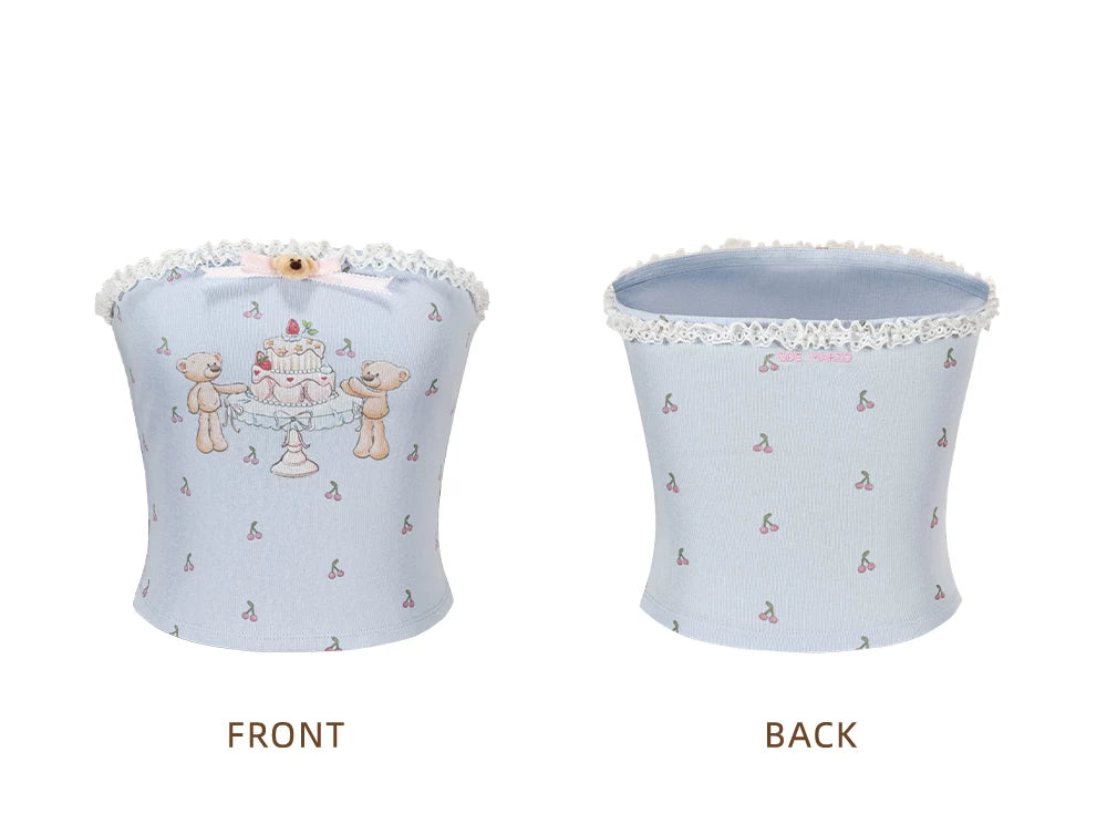 13DE MARZO All-Over Cherry Bear Print Tiered Bustier Blue
