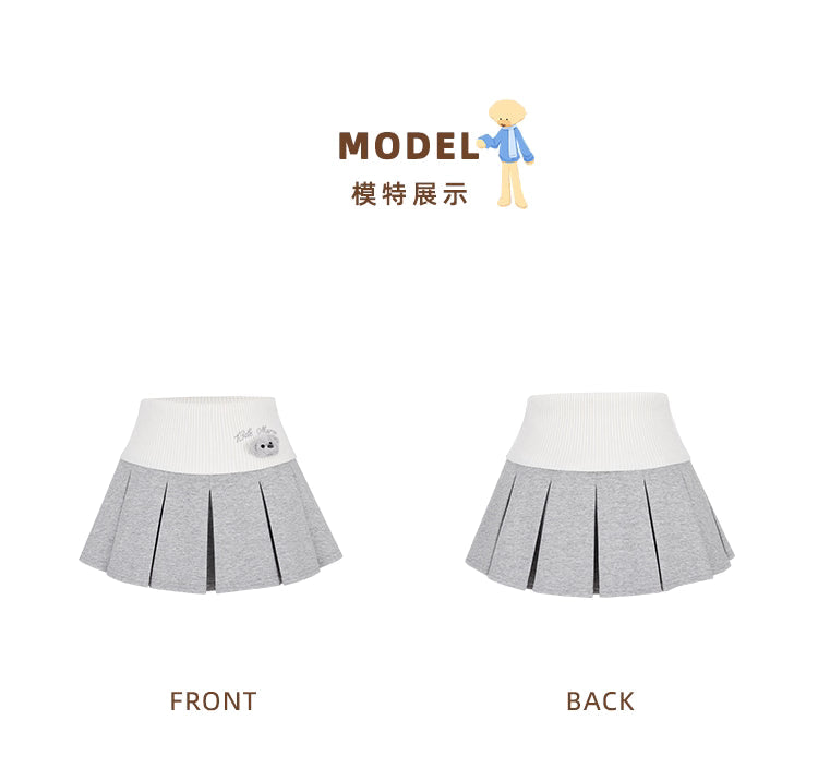 13DE MARZO  Knitted Pleated Skirt with Fold-over Waist Panel - Grey
