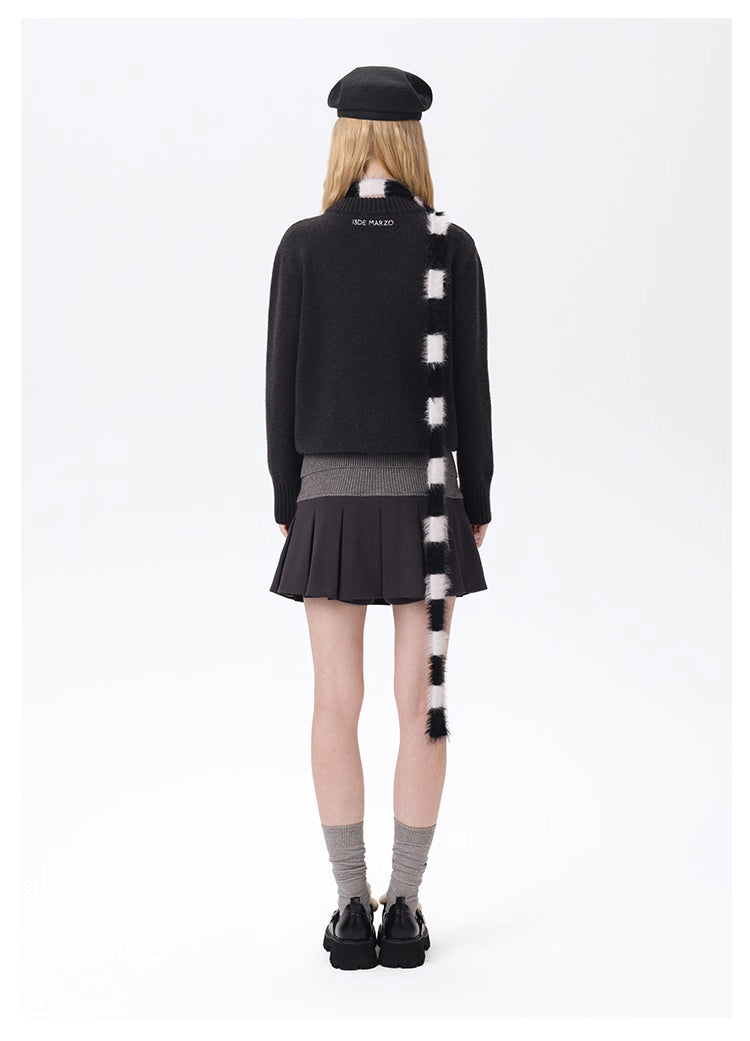 13DE MARZO  Knitted Pleated Skirt with Fold-over Waist Panel - Dark Grey